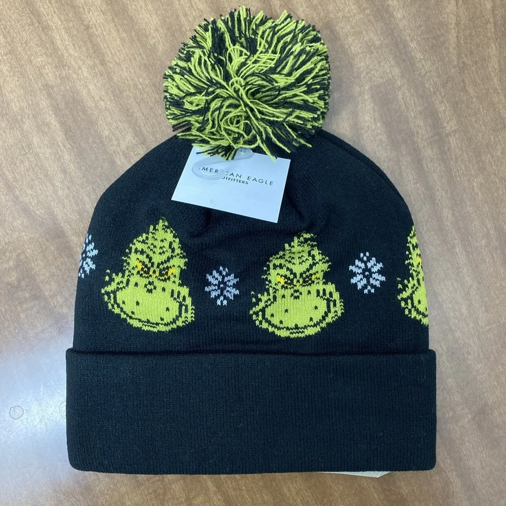 American Eagle Grinch Hat Beanie Black Green Cuff Pom Pom Christmas New‎ winter
